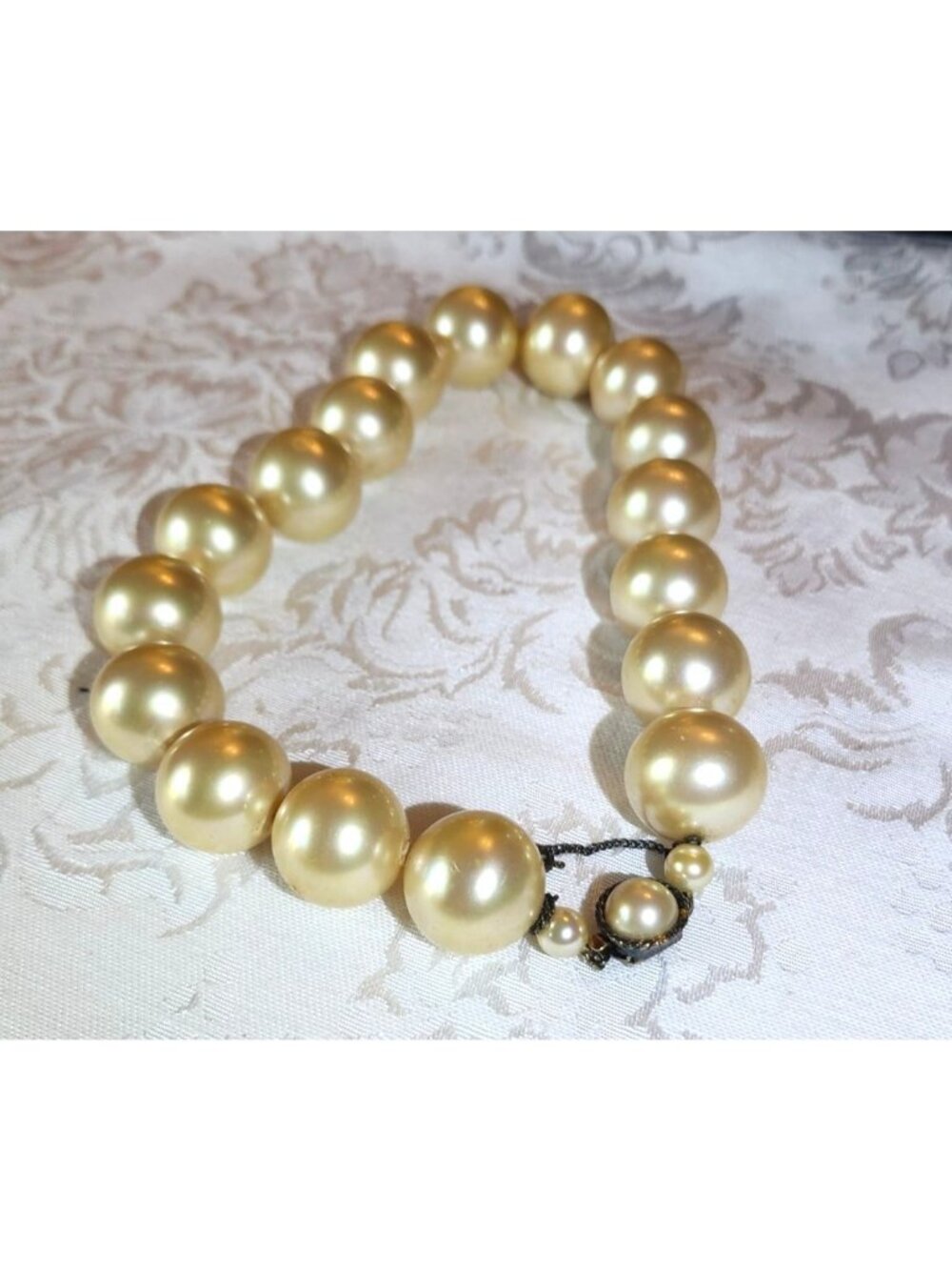 Vintage Gold-Tone Glass Faux Pearl Necklace 925 Clasp - High-Quality Statement J - Picture 2 of 8